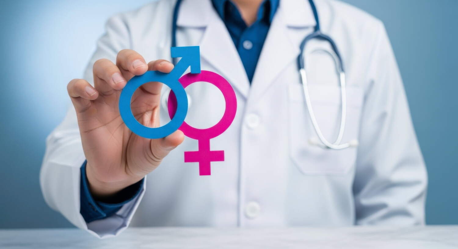 性病の感染経路の一つである性行為のマークを示す医師