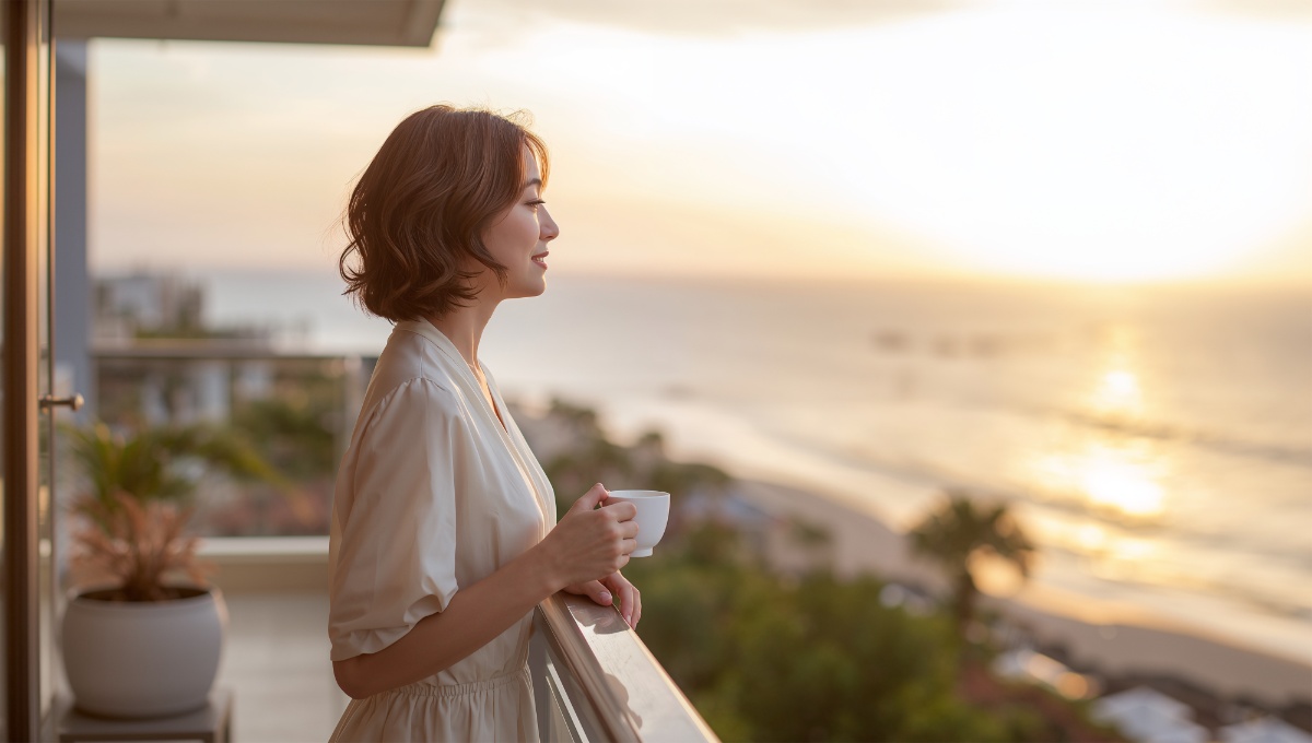ベランダで飲み物を飲みながら海を眺める女性