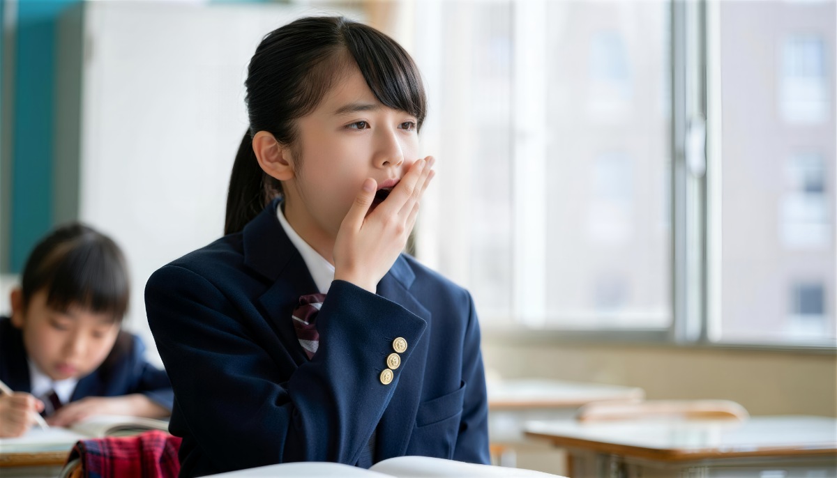 睡眠不足で授業中にあくびをする少女